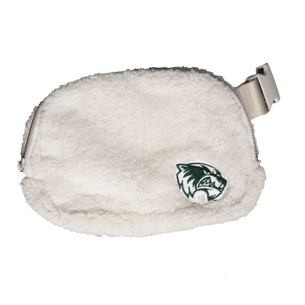 White sherpa belt bag with UVU's logo embroidered on bottom left corner, side release buckle made by Logo Brands